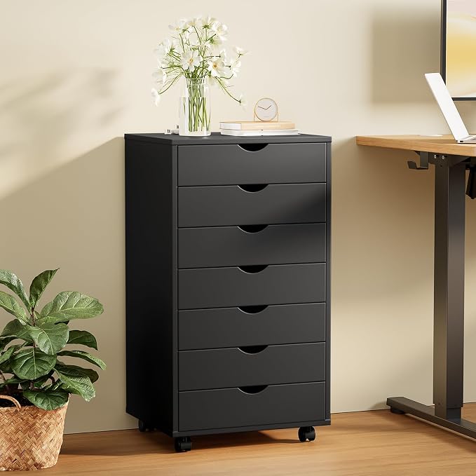 Sweetcrispy 7 Drawer Storage Cabinet, Rolling Wood Under Desk Drawer with Wheels, Small Mobile Organizer Dresser Chest for Home Office, Bedroom, Rolling Vertical Organizer for Home Office, Dark