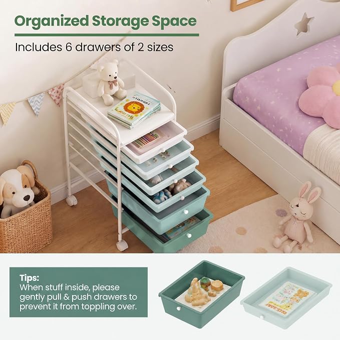 GOFLAME 6-Drawer Rolling Storage Cart, Multifunctional Art Craft Organizer Cart, Mobile Utility Storage Cart with Removable Drawers & Lockable Wheels, Craft Cart for Home Office, Green Gradient