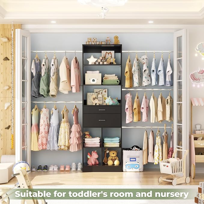 Besiost Closet System, 4-8 FT Closet Organizer Tower with 2 Wooden Drawers and Shelves, Can Fit 60 to 96 inch Walk-in Closet System with 5 Hang Rods, Built-in, Black