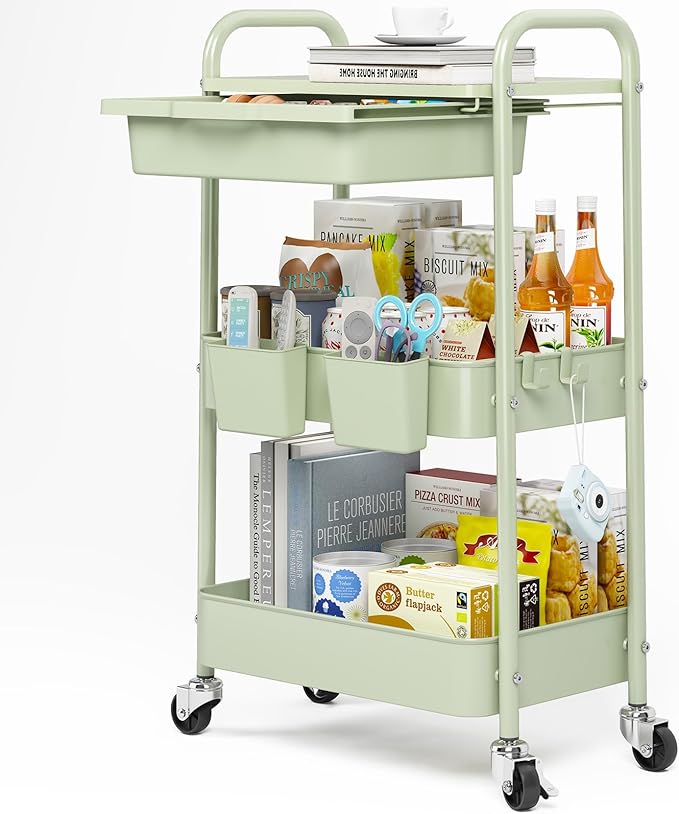 3 Tier Metal Rolling Utility Cart with Drawer & Lockable Wheels - Heavy Duty Multifunctional Storage Organizer with 2 Cups and 4 Hooks for Bathroom, Kitchen, Snack, Craft, Makeup, Baby Essentials