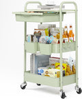 3 Tier Metal Rolling Utility Cart with Drawer & Lockable Wheels - Heavy Duty Multifunctional Storage Organizer with 2 Cups and 4 Hooks for Bathroom, Kitchen, Snack, Craft, Makeup, Baby Essentials