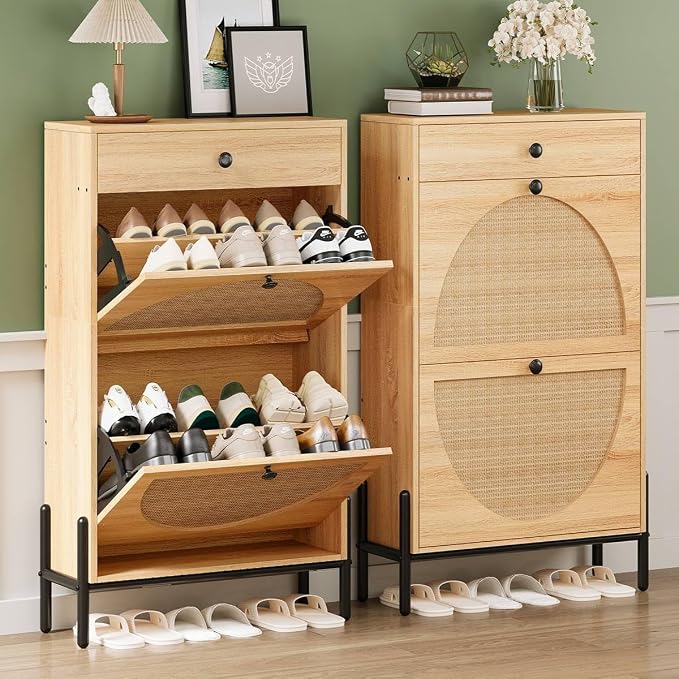IRONCK Shoe Cabinet with 2 Flip Drawers, Shoe Storage Cabinet for Entryway, Free Standing Shoe Storage Organizer with Rattan Doors Slim Narrow Shoe Rack Cabinet, Oak