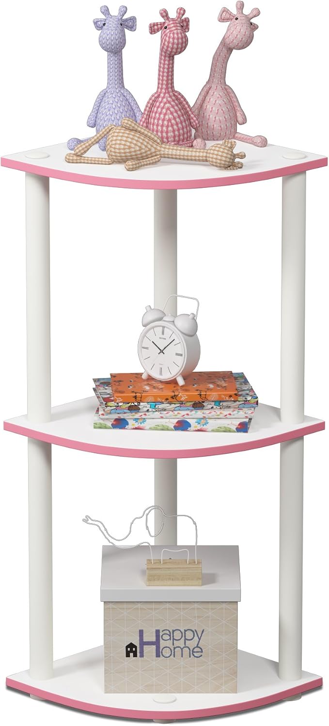 Furinno Turn-N-Tube Toolless Assembly 3-Tier Corner Shelf, Pink Corner Book Shelf, Open Shelves Bookshelf, for Organization and Storage, Living Room, Home Office, Bedroom, Soft Pink