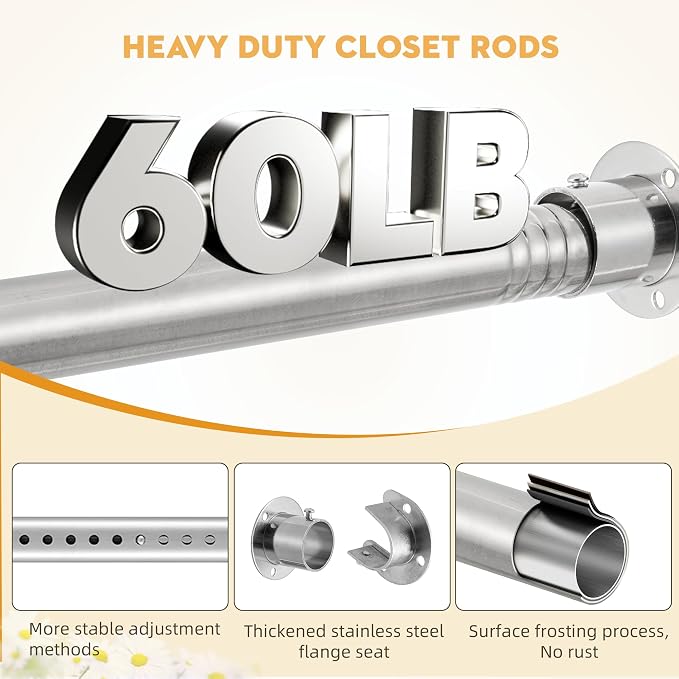 1.3 Inch Diameter Closet Rods for Hanging Clothes 17-87 Inch Adjustable, Metal Heavy Duty Closet Pole, Silver Closet Bar for Hanging Clothes, Suitable for Closet, Wardrobes, Bathroom, Windows