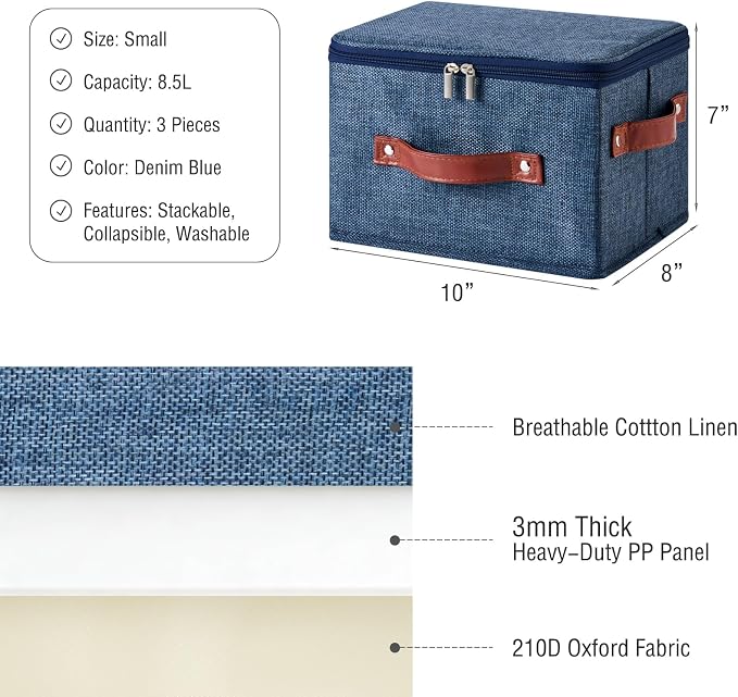3PCS Storage Bins Boxes with Zippered Lids Cotton Linen Fabric Decorative Basket PU Leather Handles PP Plastic Board Foldable Lidded Shelf Closet Organizer Container (Denim Blue, Small)