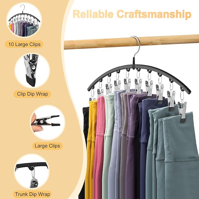 Volnamal Legging Organizer for Closet,2 Pack Metal Yoga Pants Hangers w/10 Clips Hold 20 Leggings,Space Saving Hanging Closet Organizer Clothes Hanger College Dorm Essentials Apartment Essential,Black