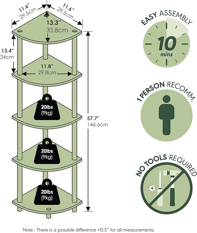 Furinno TURN-N-TUBE Corner Shelf, 5-Tier Corner Bookshelf, Open Storage Shelves, for Organization and Storage, Living Room, Home Office, Garage, Bedroom, Beech