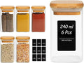 ComSaf Glass Spice Jars with Labels 8 oz 6 Pack Square Bamboo Lids | Empty Containers, Seasoning Herbs Powders, Salt Pepper Chili, Kitchen Cabinet Storage Starter Set, Dry Goods