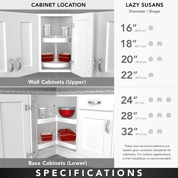 Rev-A-Shelf 2 Tier Pie-Cut Lazy Susan for Corner Base Cabinets, Plastic, 28" Double Shelf Swivel Kitchen Spice and Can Organizer, 28" W x 18.25" D x 26" H, White, 6942-28-11-52