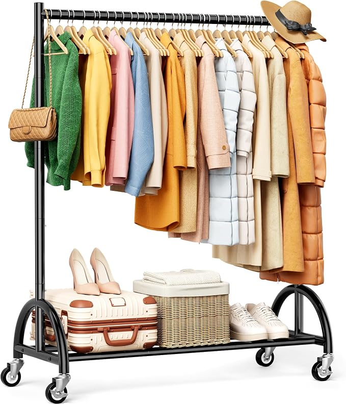 KEETDY Heavy Duty Clothing Racks for Hanging Clothes Heavy Duty Clothes Rack Rolling Garment Rack with Wheels Freestanding Closet Racks, 210 LBS Load Capacity for Coats, Garment, Dress, Shirt, Black