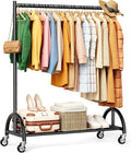 KEETDY Heavy Duty Clothing Racks for Hanging Clothes Heavy Duty Clothes Rack Rolling Garment Rack with Wheels Freestanding Closet Racks, 210 LBS Load Capacity for Coats, Garment, Dress, Shirt, Black