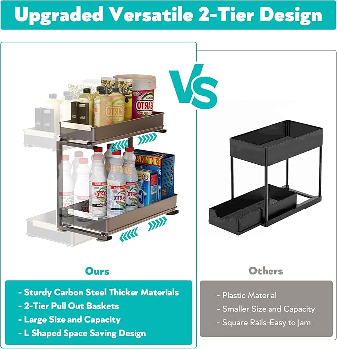 AndUp Under Sink Organizer, 2 Tiers Pull Out Bathroom Organizers and Storage, Slide Out Cabinet Organizer Shelf for Kitchen Bathroom, Multi-Purpose Collection Organizer Drawer Shelf (Gray, 1pcs)