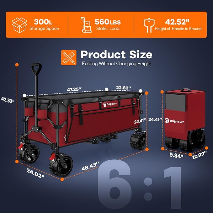 Originsure 48" L Collapsible Wagon Cart Foldable, 560lbs Weight Capacity 300L Heavy Duty Folding Beach Wagons with Big All-Terrain Wheels, Utility Carts for Groceries, Camping, Sports - Grey&Red