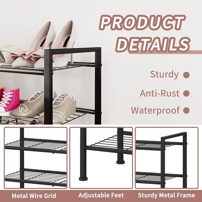 4-Tier Shoe Rack,Metal Simple Narrow Shoe Storage | Organizer Shelf for Closet,Entryway, Bedroom,Garage (Black, 4 Tier)