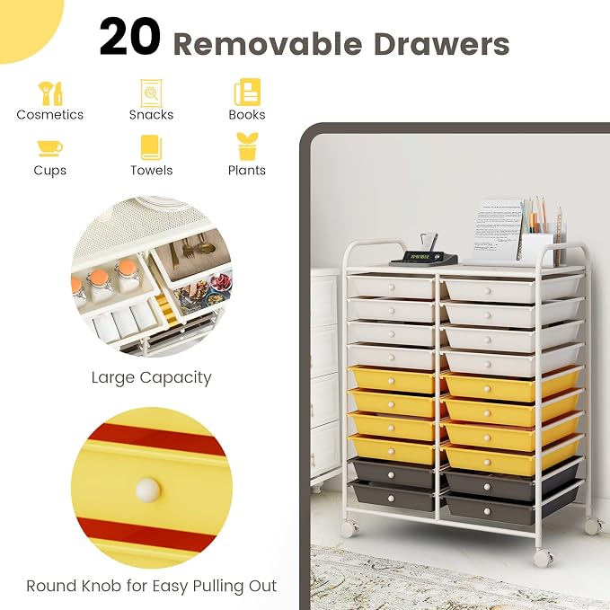 LDAILY 20-Drawer Rolling Storage Cart, Rolling Storage Cart, Storage Organizer on Wheels, Metal Frame, Scrapbook Paper Tools, Suitable for Office School, Classroom (Yellow, 20 Drawer)