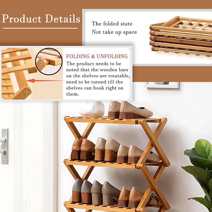 Jessie Bamboo Shoe Rack,Free Standing Shoe Rack for Closet,Portable Folding Shoe Storage Rack, Space Saving,Shoe Shelf for Bedroom Entryway Hallway Closet Living Room (Primary-3 Tier)