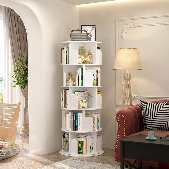 Aheaplus 5 Tier Rotating Bookshelf, Wood Spinning Bookshelf Tower, Round Revolving 360 Bookcase, Narrow Turning Book Shelf Rolling Corner Organizer for Small Space, Bedroom, Office, White