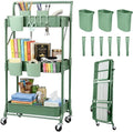 Amatic 3-Tier Folding Rolling Utility Cart with Wheels, Metal Foldable Storage Cart Organizer with 3 Hanging Cups & 6 Hooks for Kitchen, Office, Living Room, Nursery(Green)