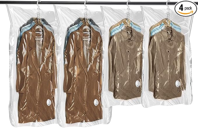 Flintronic Hanging Vacuum Storage Bags, 4pcs(2 Long 135x70CM & 2 Short 110x70CM) Vacuum Compression Zipper Storage Bags, Space Saver for Clothes, Suits, Dresses, Coats or Jackets