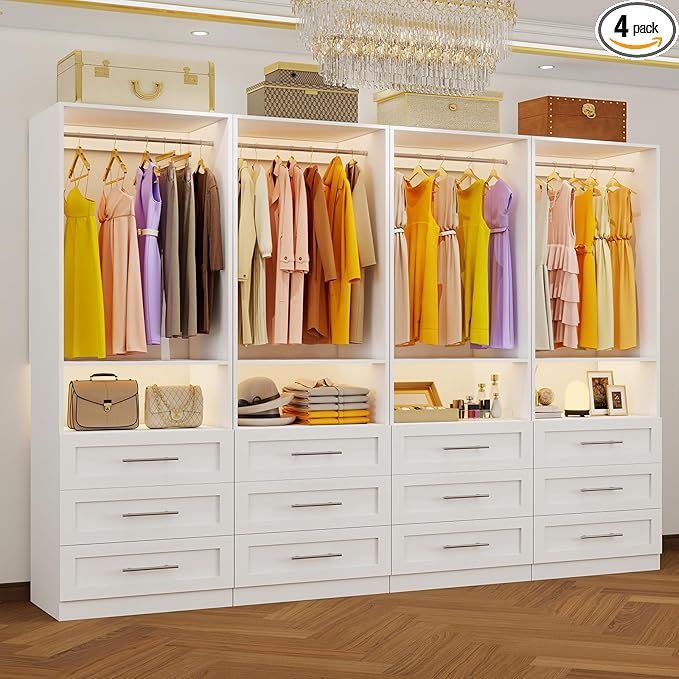 Closet System Set of 4, 8FT-21FT Walk in Closet System with 12 Drawers & 8 Adjustable Hanging Rods, Custom Closet Organizer Systems with 4 Shelves, Modular Closet Storage System Organizer Kit, White