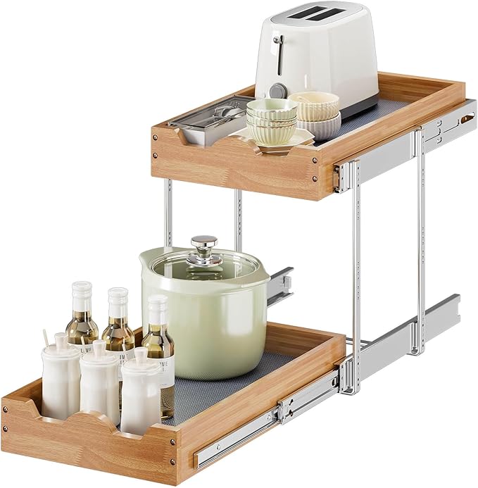 OCG Pull Out Drawers For Cabinets 14"W x 21"D, 2 Tier Heavy-Duty Slide out Wood Drawer Shelf, Pull Out Drawer for Cabinets, Base Cabinet Organization for Kitchen, Pantry, Bathroom