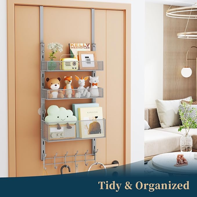 Consumest Over The Door Hooks Organizer - 4 Tier Door Coat Rack with 3 Baskets & 12 Hooks, Stainless Steel Towel Hanger for Bedroom, Bathroom, Living Room, Silver
