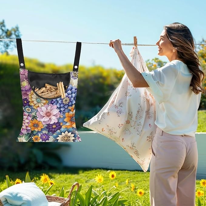 Mandara Boho Clothespin Bag Flowers Clothespin Bag for Clothesline Outdoor Clothespin Storage with Hanger Hook Clothespin Bags Hanging Outdoor Waterproof Clothespin Storage