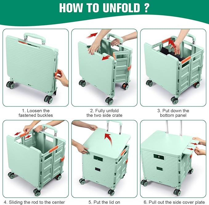 FELICON SELORSS Folding Utility Cart Portable Rolling Crate Handcart with Magnetic Sliding Lid Telescoping Handle Plastic Box Dolly 360°Swivel Wheels for Travel Shop Move Office Teacher(Green Pro)