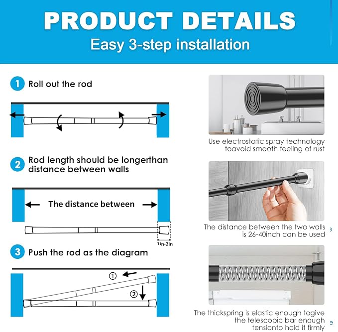MEXAU 2Pack Tension Curtain Rod 26-39 inch Spring Tension Rod Black Curtain Rod Adjustable Spring Rod Extendable Tension Rod for Kitchen, Bathroom, Window, Bookshelf,Closet.