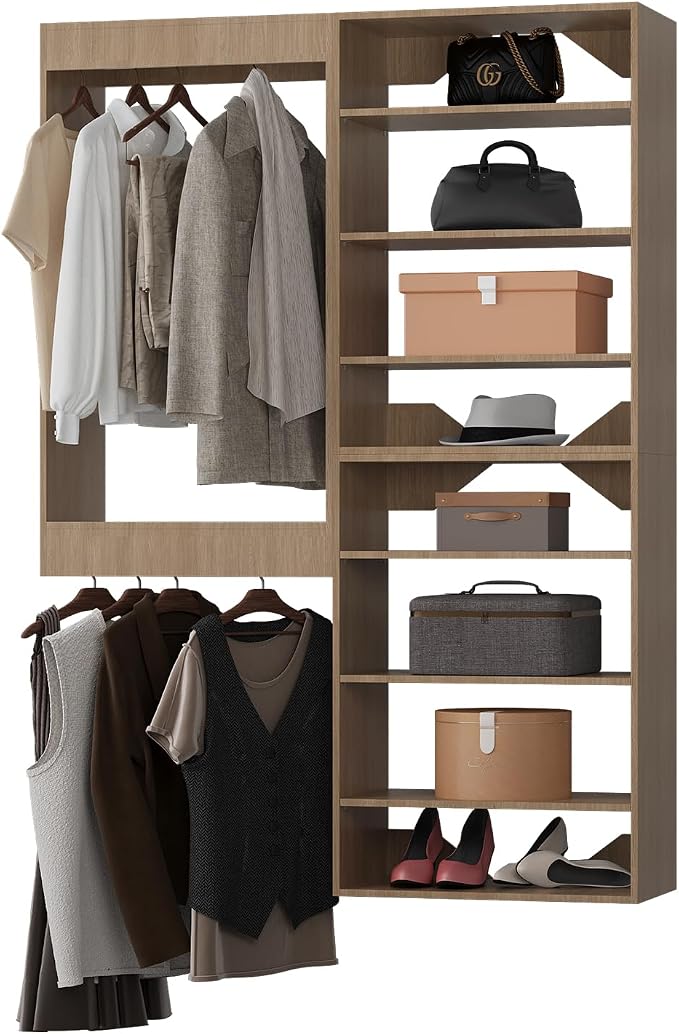ROOMTEC Modular Closet System, 46" Wall-Mounted Closet Organizer with Hanging Rods and Shelves, Wooden Tower for Walk-In Closets, Wardrobe Storage Kit, Wood
