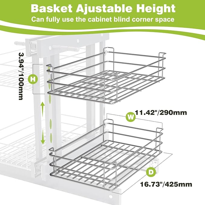 Blind Corner Pull Out Organizer for 36" Cabinet Left Open & Right Open Compatible 2 Tier 4 Shelves Adjustable Height