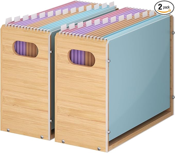 Sbanmao Acrylic Wall File Organizer, Hanging File Folder Organizer with Handle, Bamboo File Box File Crate Storage Box, Portable Filing Organizer for Home Office Classroom (Letter Size, 2 Pack)