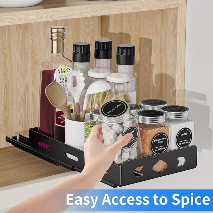 BOIVSHI Pull Out Spice Rack Organizer for Cabinet, Heavy Duty - Sliding Spice Rack, Vertical Spice Rack for Kitchen, Cabinet, Cupboard, Pantry (6.3''Wx10.5''Dx2.8''H, Metal Black)