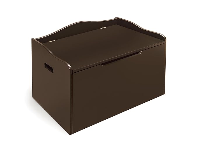 Badger Basket Bench-Top Wooden Toy Box - Kids Storage Chest and Bench Combo with Dual Safety Hinges, Side Handles, Front Slot - Organizer for Toys and Essentials - Espresso