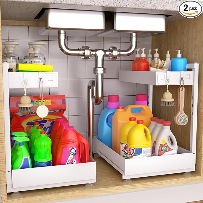 Under Sink Organizer Bathroom Kitchen: 2 Pack 2 Tier Metal Under Cabinet Storage with Height-adjustable Shelf and Pull out Rack for Pantry Vanity Cupboard Counter Countertop