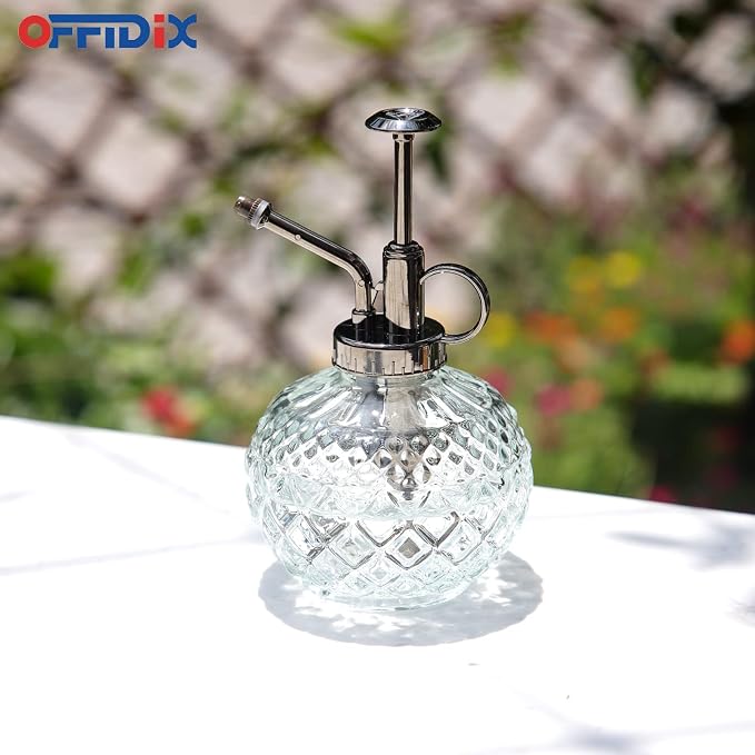 OFFIDIX Plant Mister, 300ML Vintage Glass Spray Bottle with Plastic Top Pump, Small Decorative Spritzer Watering Can for Indoor Outdoor House Plants (Clear)