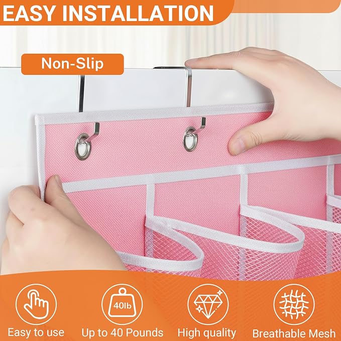 40-Pocket Over the Door Shoe Organizer - Large Mesh Pocket Hanging Shoe Organizer,Behind the Door Shoes Storage Holder Hanger (Pink-W)