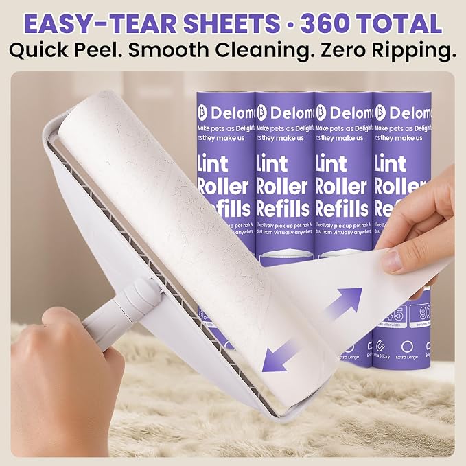 DELOMO 9.45” Large Lint Roller for Pet Hair, Long & Short Handles, 2 Packs | 360 Extra Sticky Sheets Total, Long Handle for No-Bend Cleaning Floors & Carpets, Short Handle for Couches & Furniture