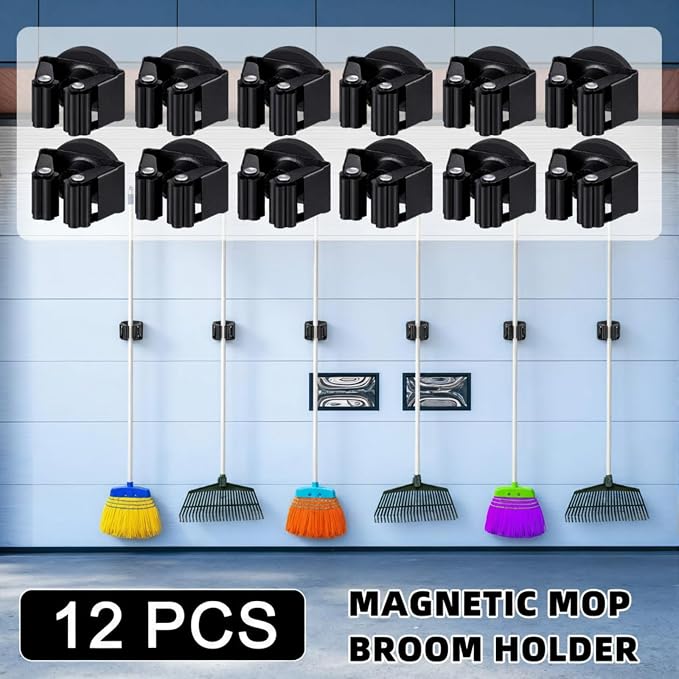 Vercraft 12 Pcs Magnetic Mop Broom Holder Movable Magnetic Broom Holder Rack, Anti Slip Wall Mounted Utility for Cleaning Tools, Garage, Kitchen, Laundry, Garden (Black)