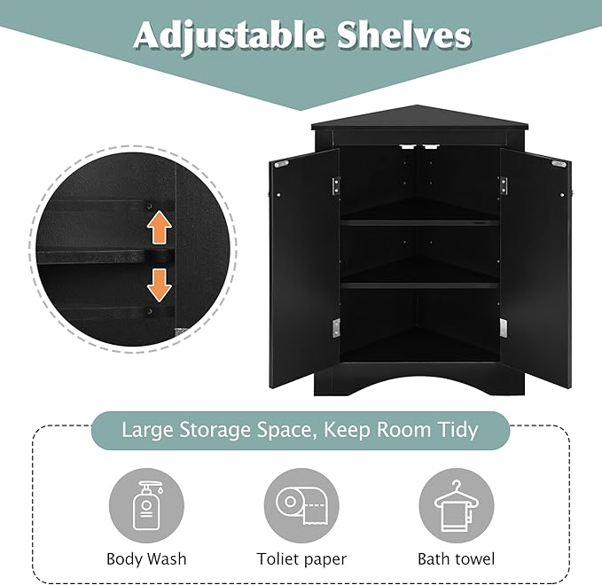 Corner Storage Cabinet with Adjustable Shelves, Triangle Bathroom & Kitchen Organizer, Freestanding Floor Cabinet for Toilet Kitchen Bathroom Cleaning Supplies (Black)
