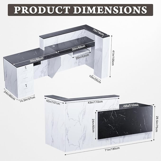 L-Shaped Large Wooden Reception Desk, Modern Front Desk Reception Counter with Lockable Drawers, Storage & Keyboard Tray for Office Lobby Checkout (Right-Black & White, 71''L x 42''W x 41''H)