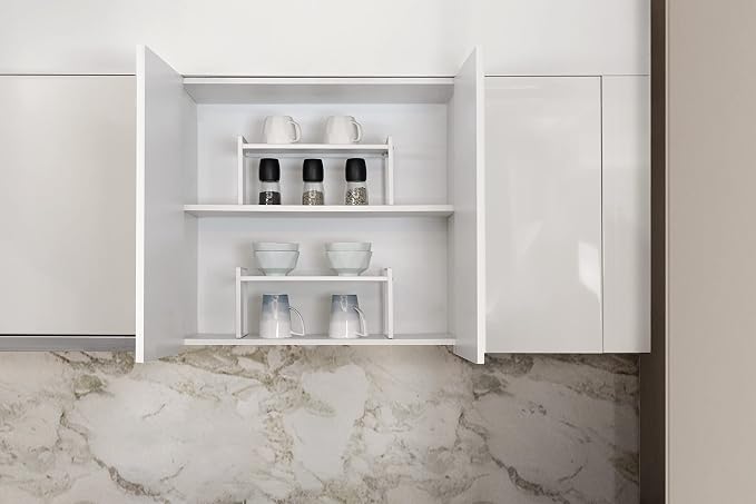 Nxconsu Stackable Cabinet Shelf Organizer 2 Pack, Standard White | Heavy-Duty 3mm Steel Stackable 2-Tier Shelf, Holds 50 lb, for Kitchen Cabinet Pantry Cupboard Counter Bathroom Under Sink