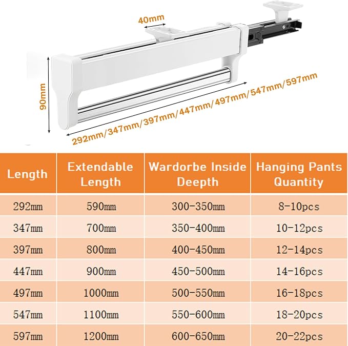 Pull Out Closet Valet Rod, Adjustable Sliding Heavy Duty Steel Top Mounted Clothes Storage Hanger Rail for Closet Wardrobe (547mm/21.5inch)