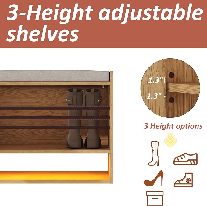 HOMEFORT 23.6" Fluted Shoe Storage Bench, Small Entryway Bench with Linen Seat Cushion, Shoe Cabinet Bench with Adjustable Shelf and Built-in LED Sensor Light, Bench for Bedroom End of Bed,Natural Oak