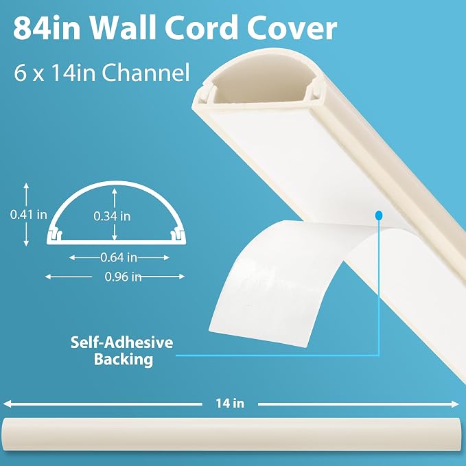 ZhiYo 85in Cord Covers for 1-2 Wires on Wall, D-Shaped 1" W x 0.4" H, Beige | Curved Design, Low-Profile Cord Hider, Self-Adhesive Cable Management Raceway for Wall-Mounted TV Wires, 6 Pack (14.2" Each)