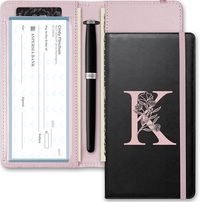 Letter Checkbook Cover, RFID Blocking Checkbook, Duplicate Checks with Pen Holder, Cards Slots, Multi-Functional Checkbook Holder for Personal and Business Checks
