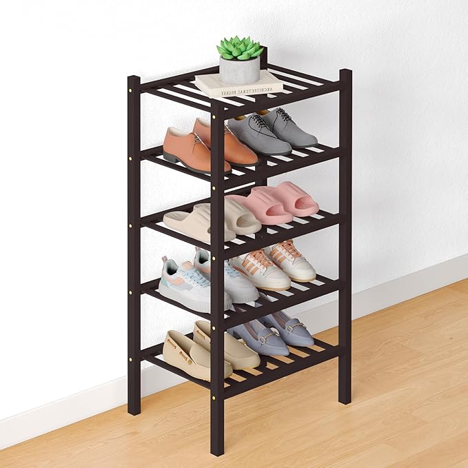 Smiry Bamboo Shoe Rack for Closet, 5 Tier Small Wooden Shoe Organizer, Stackable Wood Shoe Storage Shelf for Entryway, 14 Vertical Slats, 2+3 Stack Heavy-Duty Legs, 17.32"x11.02"x31.3", Brown