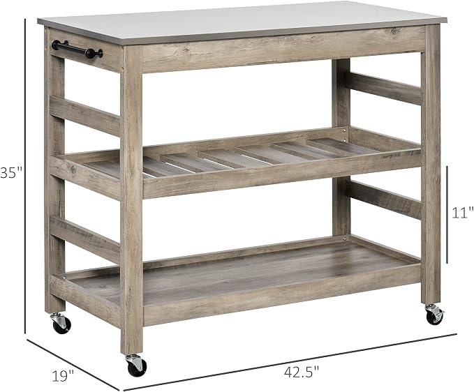 HOMCOM Rolling Kitchen Cart with Stainless Steel Countertop, Grey | Kitchen Butcher Block Cart, 1 Bottom Shelf, 1 Slotted Middle Shelf, 4 Castor Wheels