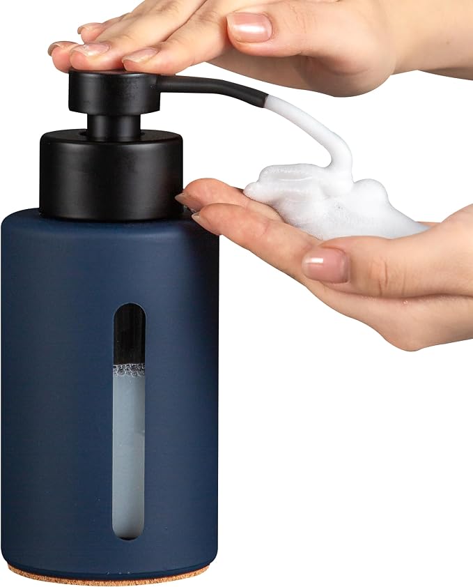 Thick Glass Foaming Soap Dispenser with Clear Window,12oz Blue Bathroom Soap Dispenser with Stainless Steel Pump, Modern Boho Refillable Pump Bottle for Bathroom Kitchen (Foam-Blue)
