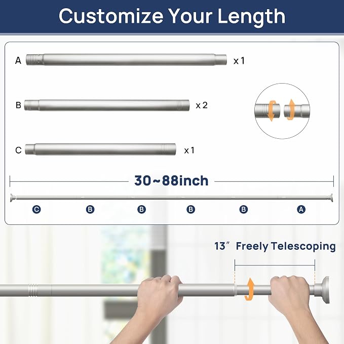 ENJOYBASICS Shower Curtain Rod 30 to 88 Inches, Stainless Steel Adjustable Spring Tension Rods No Drill for Bathroom, Closet, Window, Room Divider, Never Rust, Non Slip, Nickel